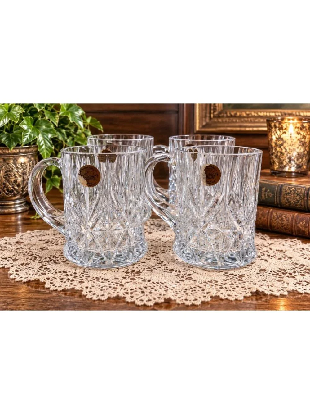 Set Of 4 Cristal DArques Lead Crystal Beer Mugs Diamond Cut Design - 4.5 Inches